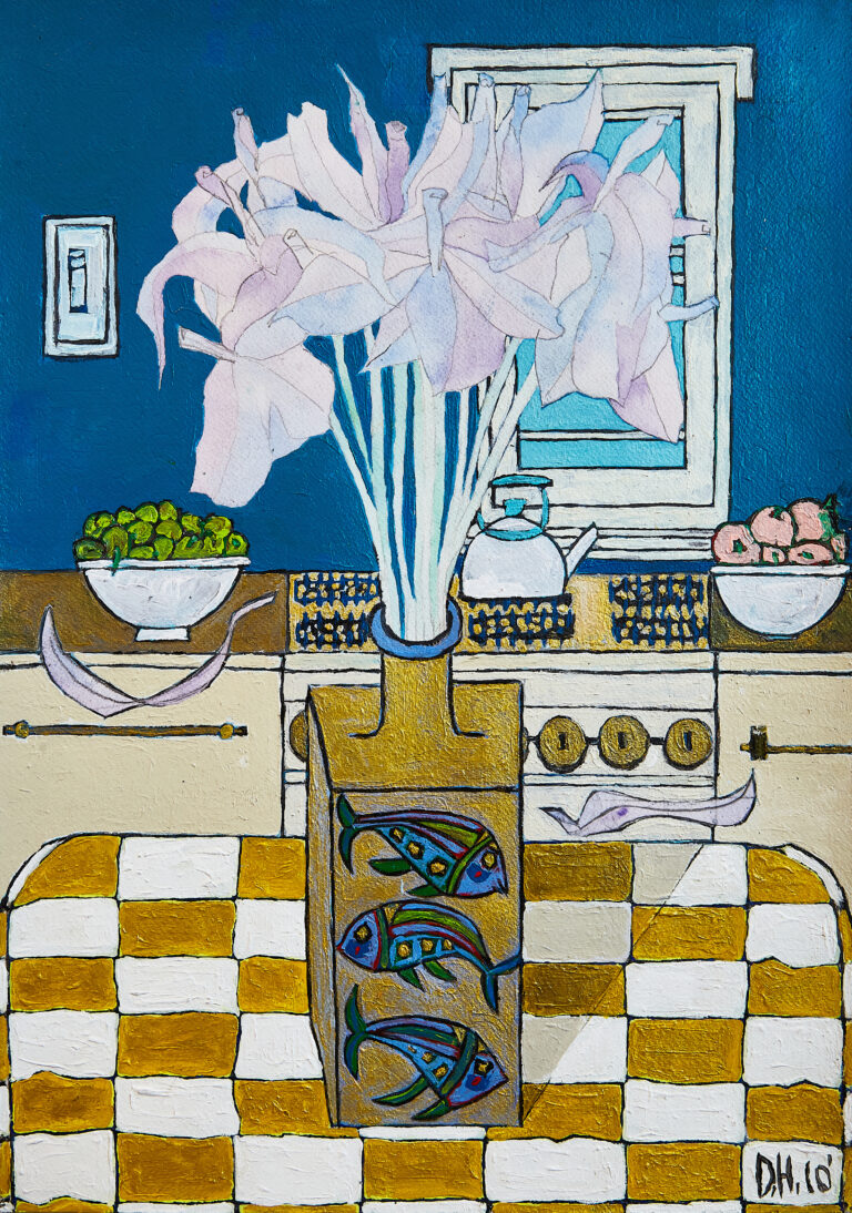 Still life painting by Don Hershman depicting a quiet kitchen table scene with soft lighting and everyday objects arranged in thoughtful balance.