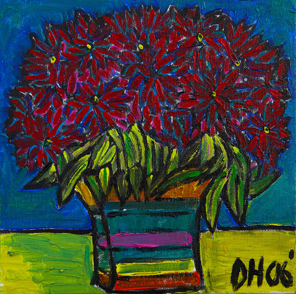 Still life painting by Don Hershman featuring a vibrant arrangement of red flowers contrasted against soft, neutral tones, highlighting balance and emotion through color and form.