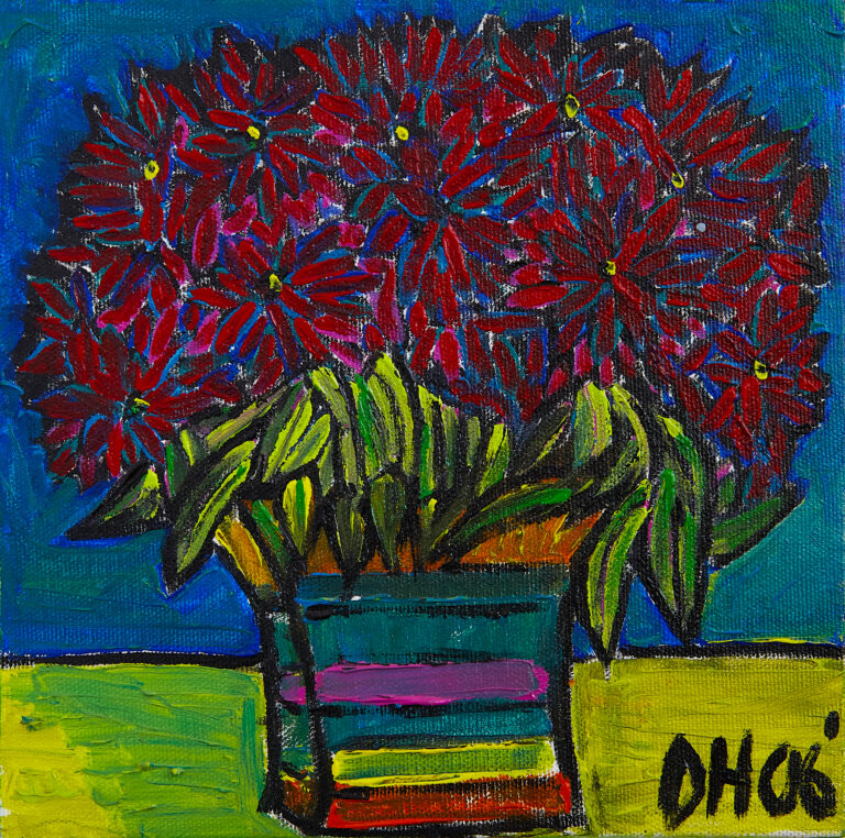 Still life painting by Don Hershman featuring a vibrant arrangement of red flowers contrasted against soft, neutral tones, highlighting balance and emotion through color and form.