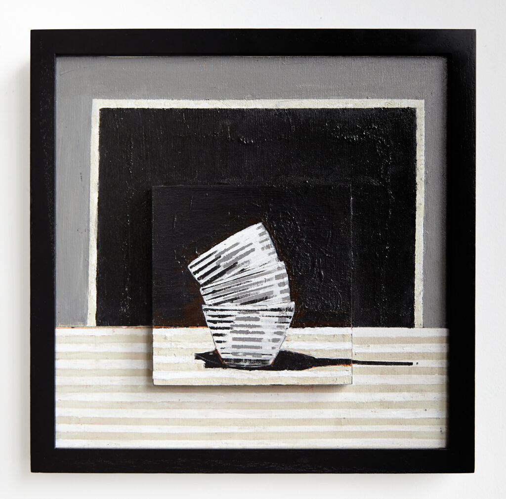 Abstract painting from Don Hershman’s Still Still 14, featuring layered geometric shapes and soft tonal contrasts that evoke calm precision and introspection.