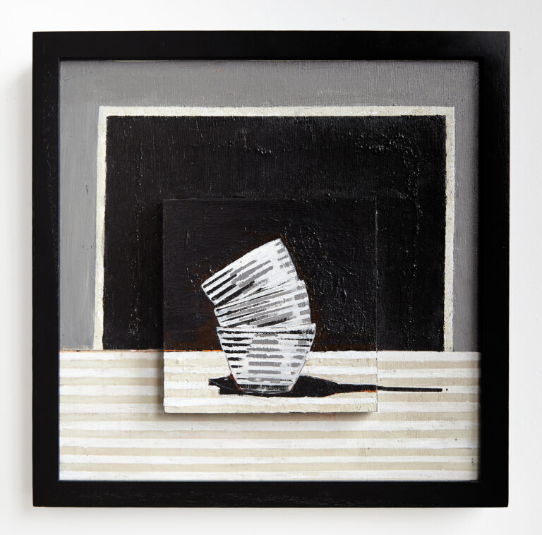 Abstract painting from Don Hershman’s Still Still 14, featuring layered geometric shapes and soft tonal contrasts that evoke calm precision and introspection.