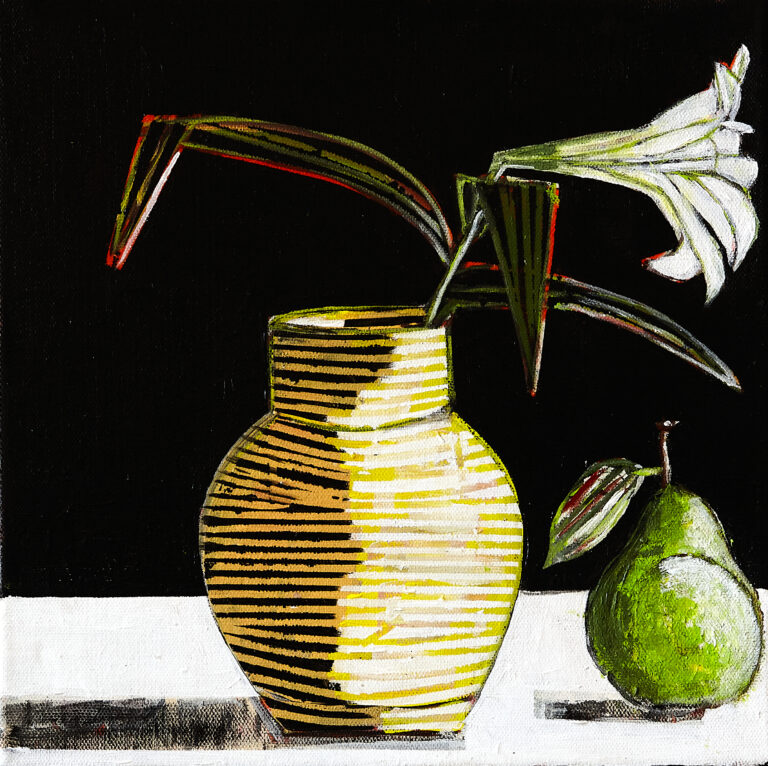 Abstract geometric painting by artist Don Hershman titled “Still Still 5,” featuring structured shapes and layered colors that explore balance and stillness.