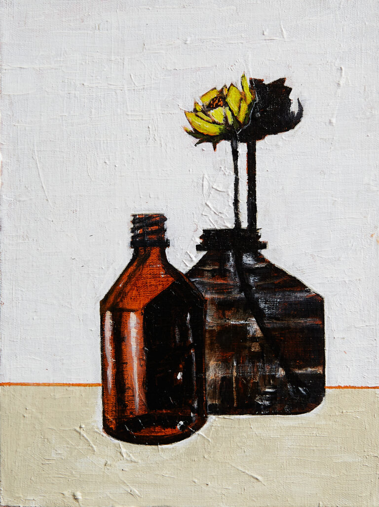 Abstract geometric painting from Don Hershman’s Still Still 8, featuring intersecting lines and muted tones that create a sense of depth and quiet reflection.